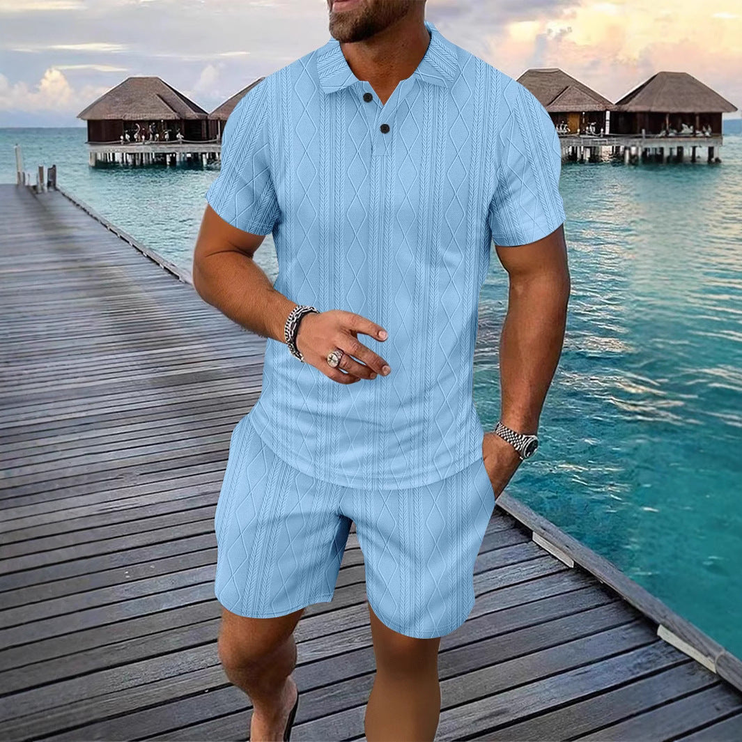 Collar men's short sleeved polo shirt jacquard casual versatile short sleeved shorts set