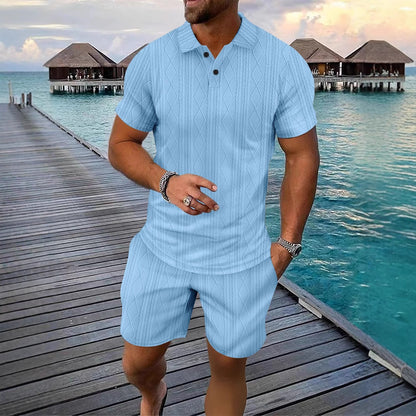 Collar men's short sleeved polo shirt jacquard casual versatile short sleeved shorts set