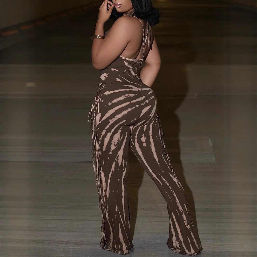 Fitted Backless Fringe Printed Halter Tie-Up Jumpsuit