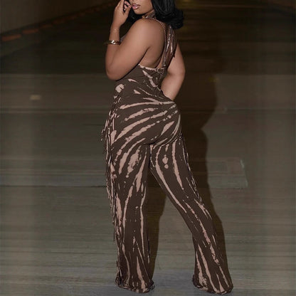 Fitted Backless Fringe Printed Halter Tie-Up Jumpsuit