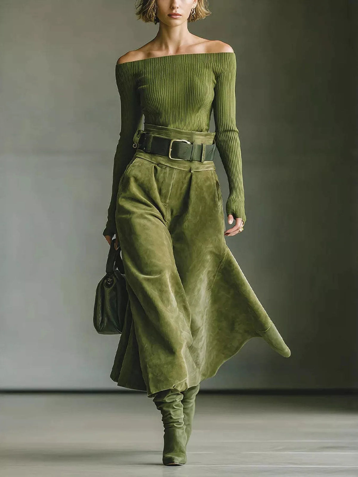 Off-Shoulder Ribbed Knit Top and Skirt Set - Moss - View 1