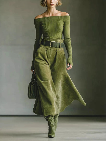 Off-Shoulder Ribbed Knit Top and Skirt Set - Moss - View 1