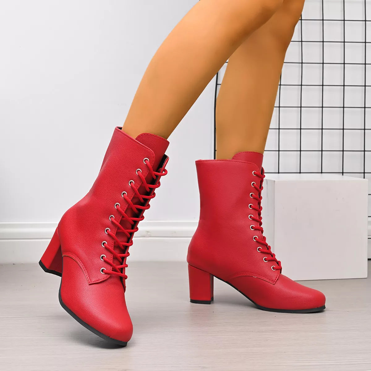 Round Toe Block Heels Boots - Red - View 9