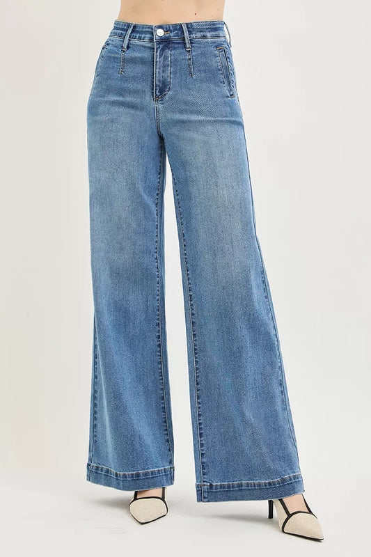 RISEN Tummy Control Elastic Band High Rise Wide Jeans - product photo 2