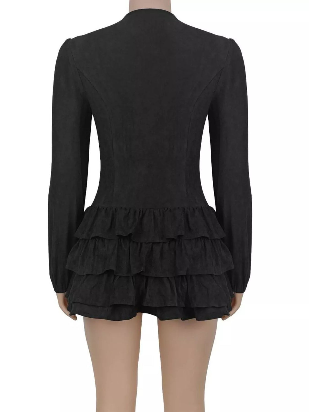 Lace-Up Ruffle Hem Long Sleeve Mini Dress - Black - View 4
