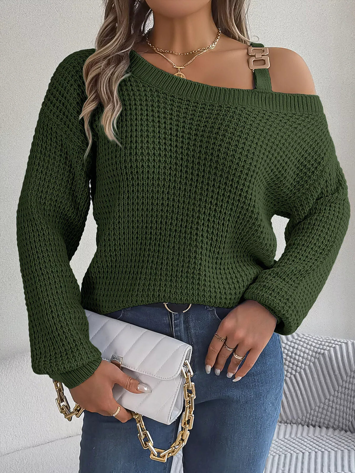 Asymmetrical Neck Long Sleeve Sweater - Black Forest - View 1