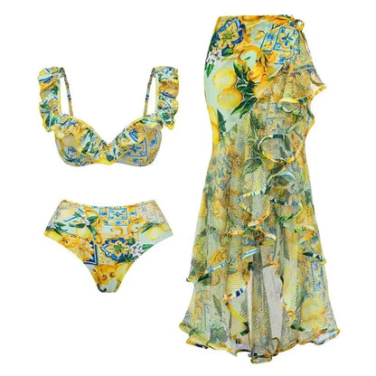 Women FashionBlue Mediterranean Print Bikini Swimsuit and Mesh Splicing Sarong Summer Swimwear  Beachwear Bathing Suit