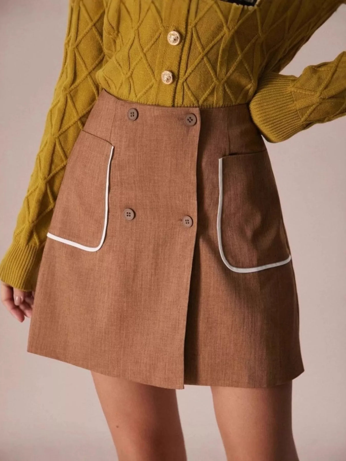 Button-Front Mini Skirt - Caramel - View 1