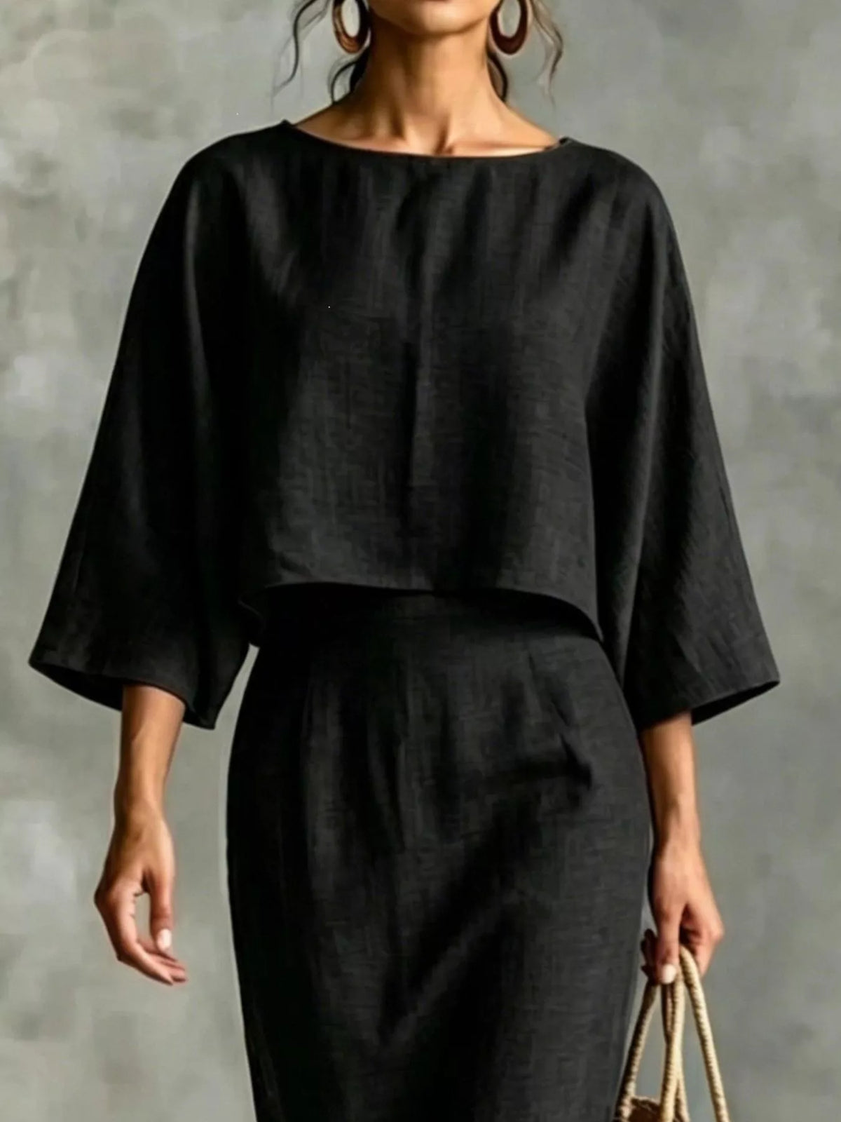 Full Size Solid Color Cropped Top and Midi Skirt Set Plus Size - Black - View 2