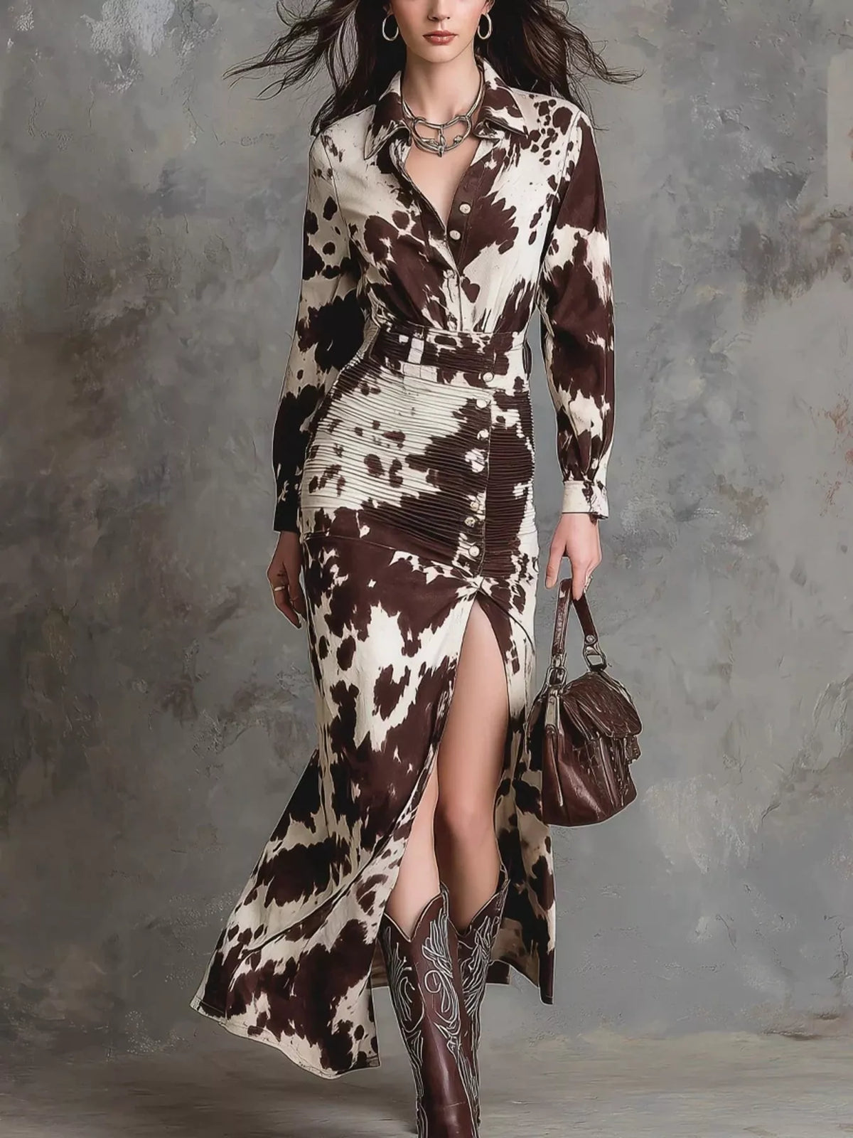 Slit Long Sleeve Shirt Dress - Coffee Brown - View 1