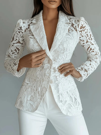 Floral Pattern Lace Single-Breasted Blazer - White - View 1