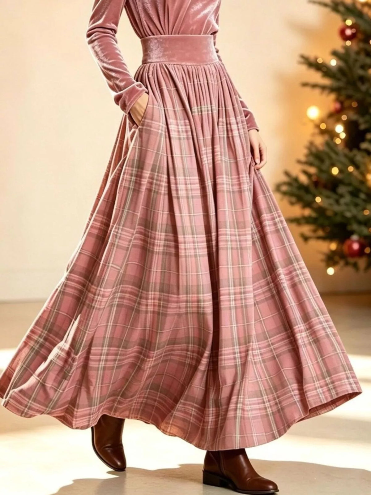 Velvet Turtleneck Top and Plaid Maxi Skirt Two-Piece Set - Pink - View 2