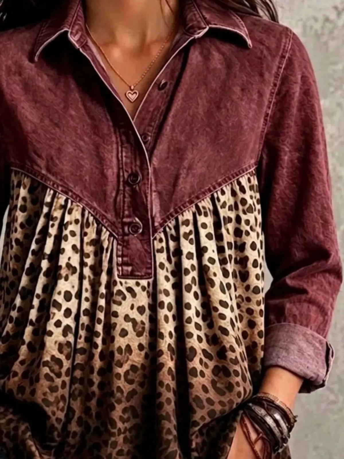 Full Size Leopard Button Detail Blouse Plus Size - Burgundy - View 3