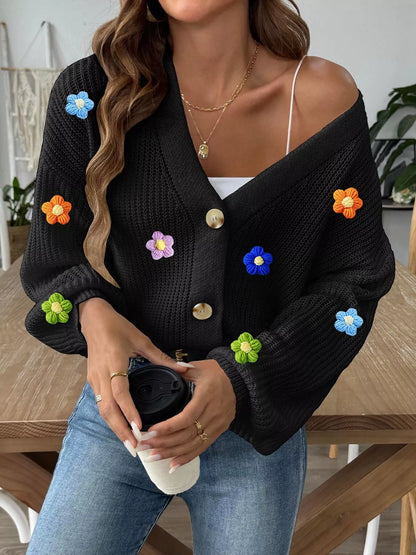 3D Floral Appliques Button Up Cardigan - Black - View 3
