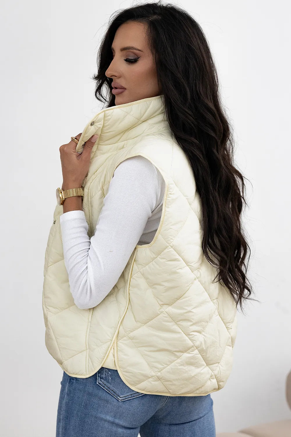 Snap Down Texture Vest Coat with Pockets - Ivory - View 5