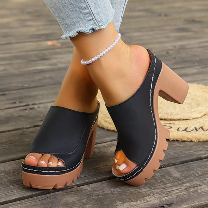 Peep Toe Block Heels Sandals - Black - View 2