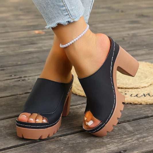 Peep Toe Block Heels Sandals - Black - View 2