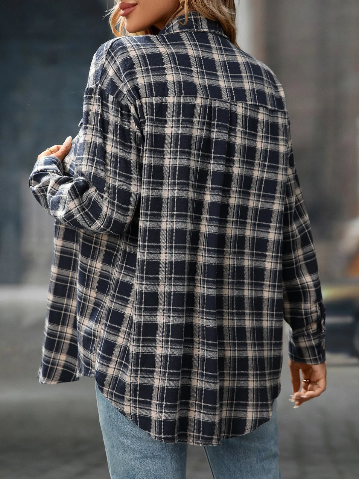 Plaid Button-Down Oversized Shirt - Navy Blue - View 16