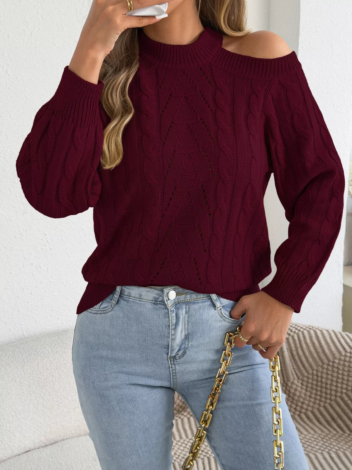 Cold Shoulder Cable Knit Sweater - Burgundy - View 4