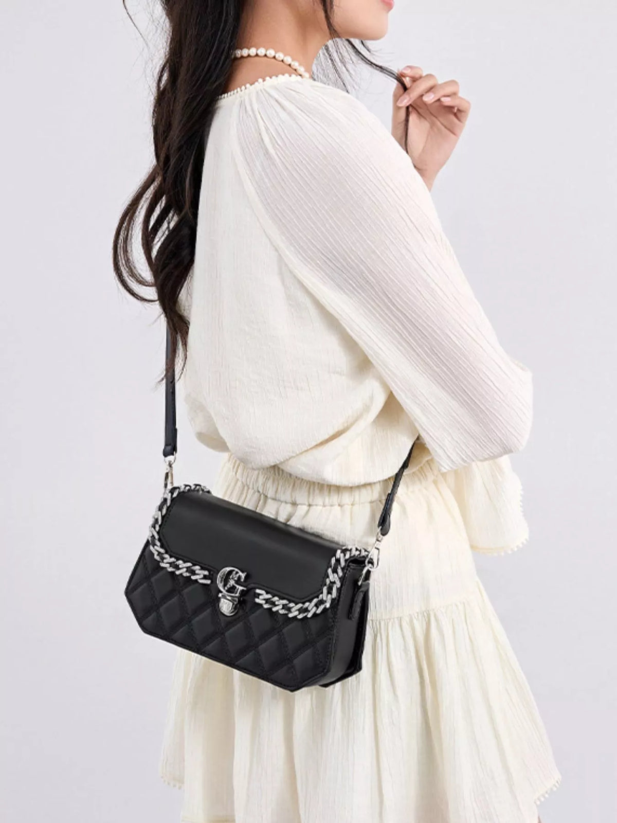 Quilted PU Leather Crossbody Bag with Rhinestone Decor - Black - View 12