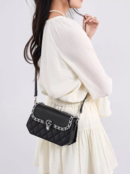 Quilted PU Leather Crossbody Bag with Rhinestone Decor - Black - View 12