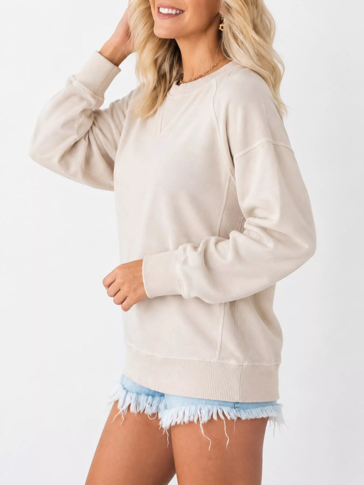 Crew Neck Raglan Sleeve Sweatshirt - Apricot - View 20