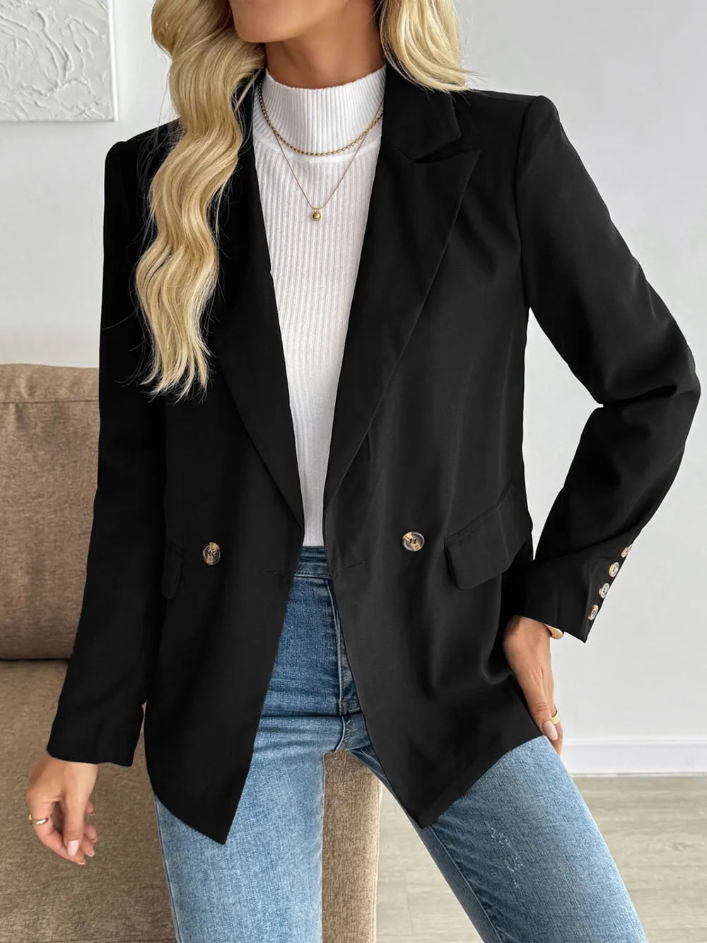 Perfee Lapel Collar Long Sleeve Blazer - Black - View 5