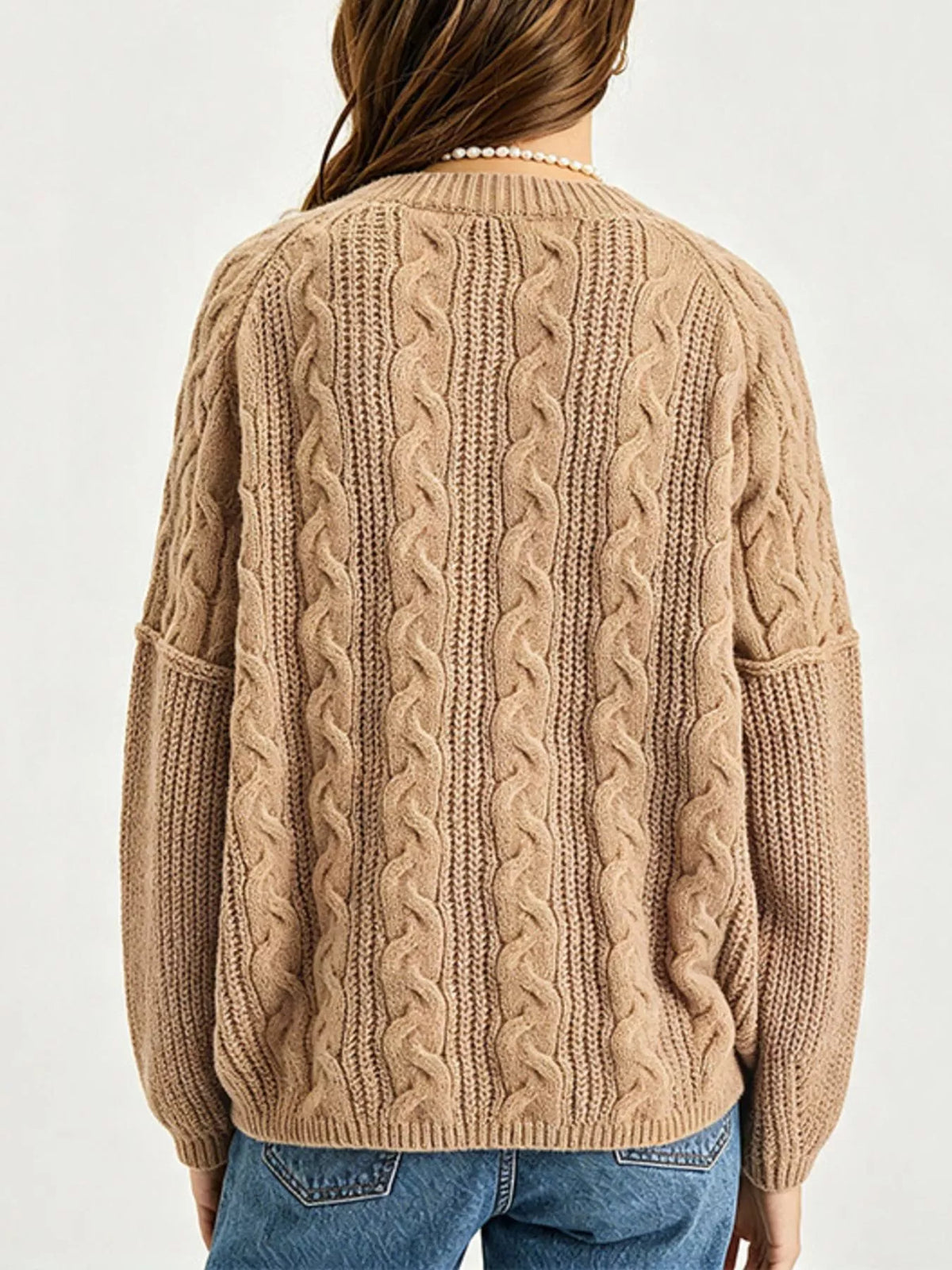 Cable-Knit Dropped Shoulder Sweater - Khaki - View 2
