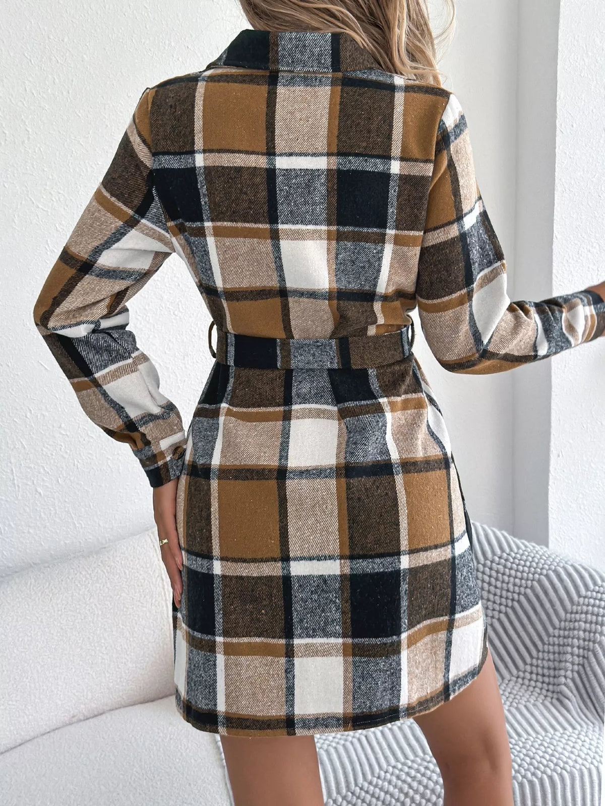 Plaid Button Front Tie Waist Shirt Dress - Khaki - View 9