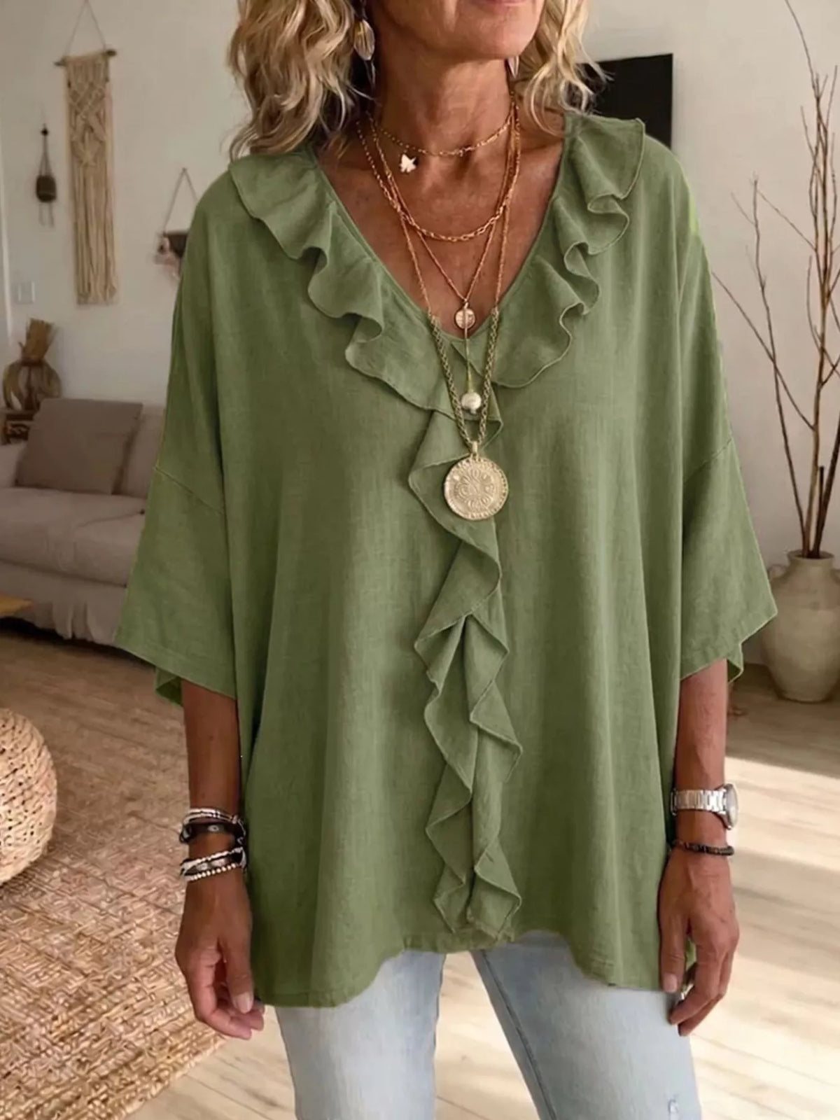 Full Size Ruffle V-Neck 3/4 Sleeve Blouse Plus Size - Green - View 3