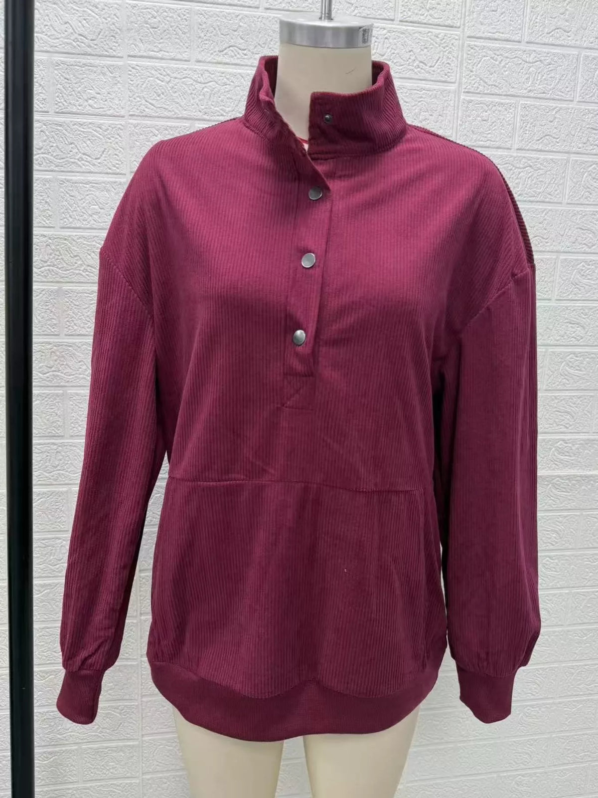 Full Size Quarter-Snap Sweatshirt with Kangaroo Pocket Plus Size - Wine Red - View 11