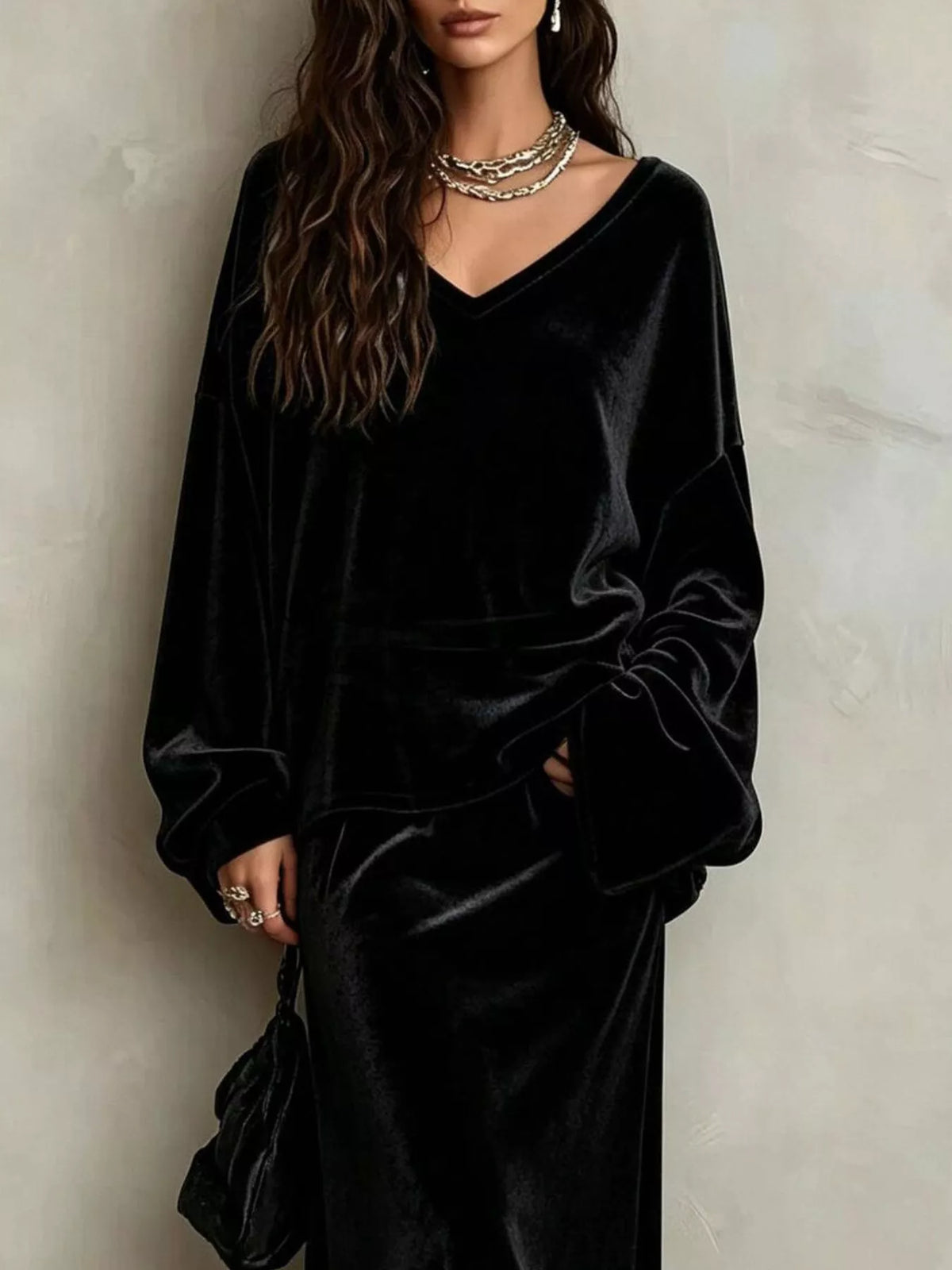 V-Neck Velvet Long Sleeve Top and Maxi Skirt Two-Piece Set - Black - View 2