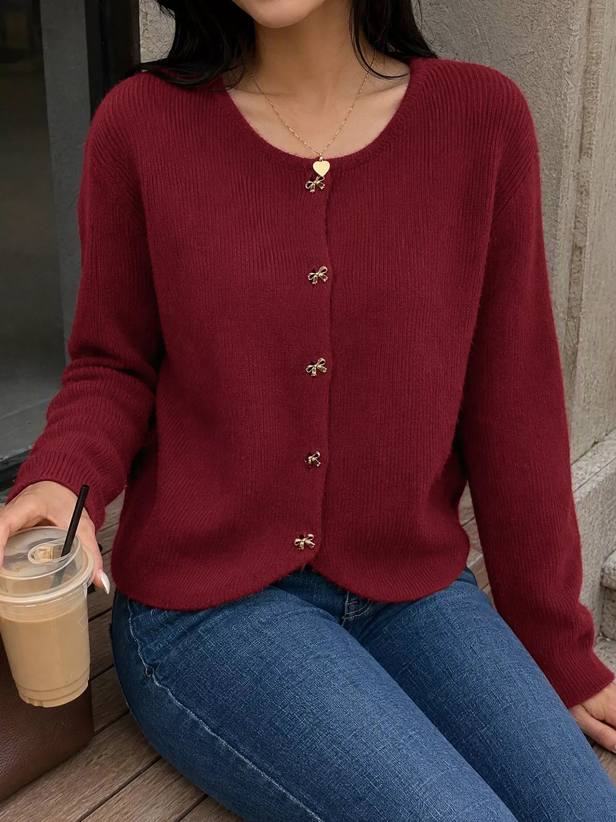 Bow Button Up Knit Cardigan - Burgundy - View 4
