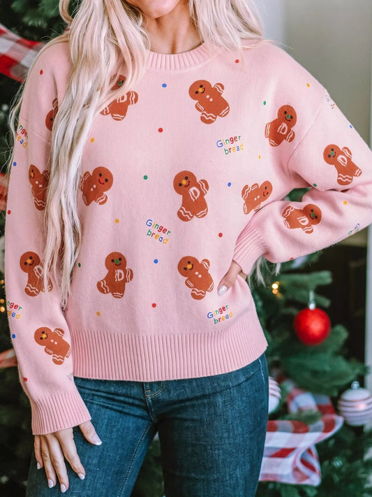 Gingerbread Pattern Long Sleeve Round Neck Sweater - Blush Pink - View 1
