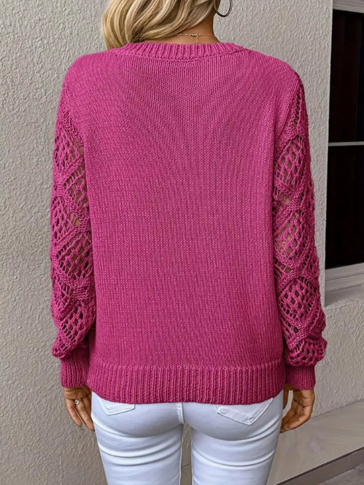 V-Neck Hollow-Out Sleeve Knit Sweater - Fuchsia Pink - View 8