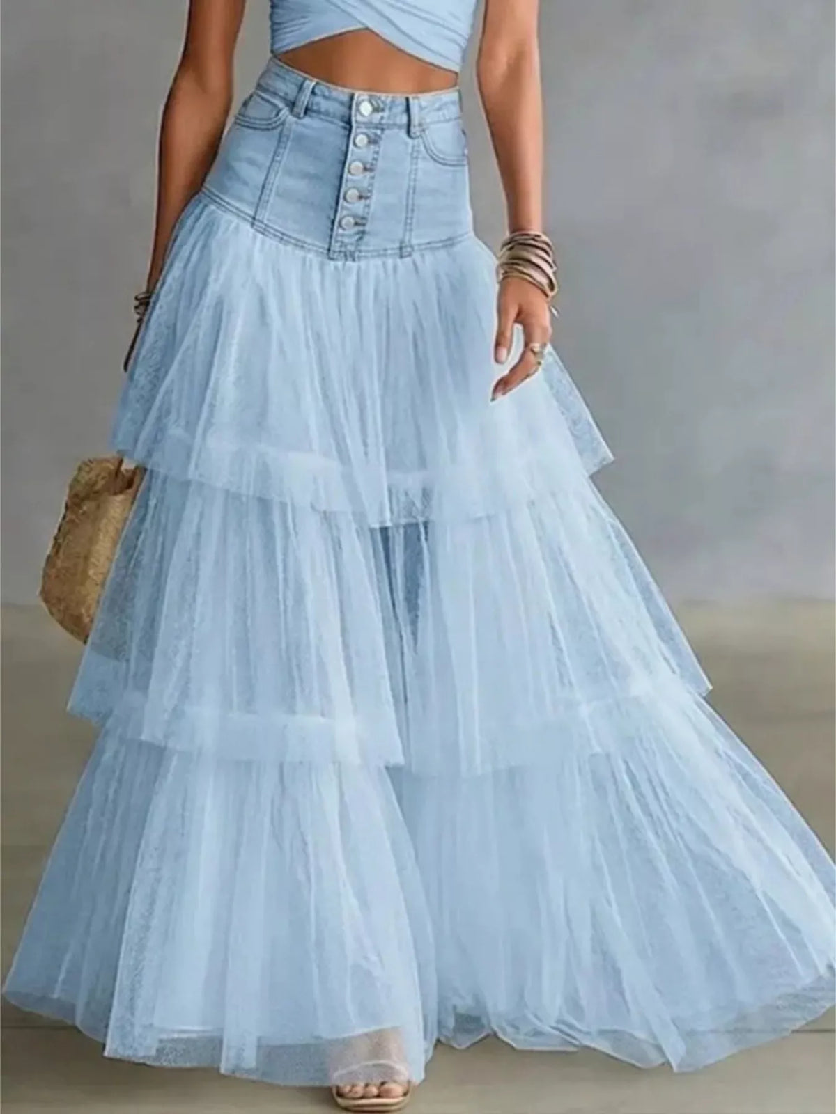 High-Waisted Button-Front Denim and Tulle Maxi Skirt - Light Blue - View 1