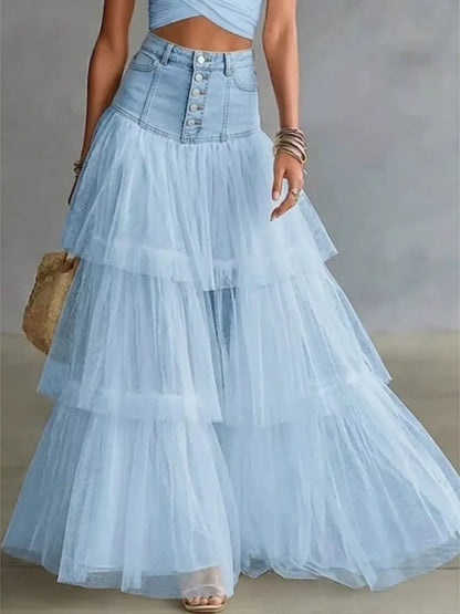 High-Waisted Button-Front Denim and Tulle Maxi Skirt - Light Blue - View 1