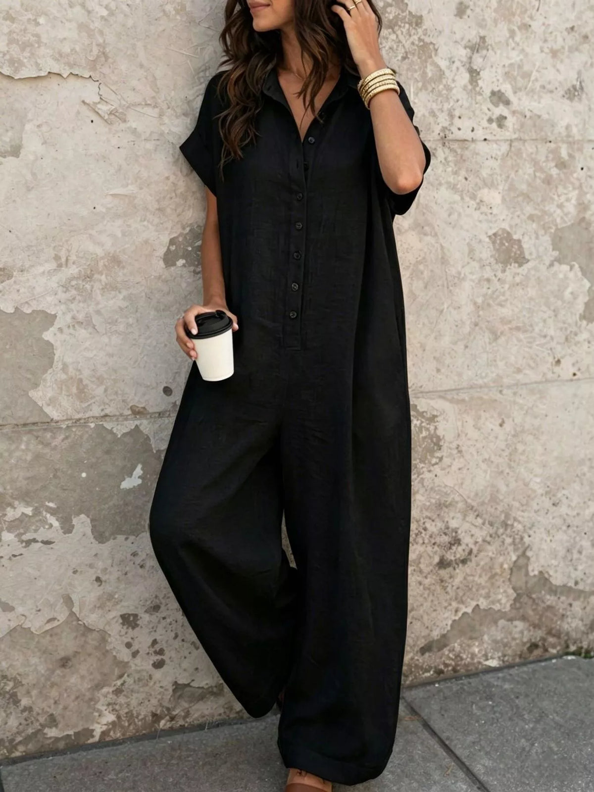 Button Front Short Sleeve Jumpsuit - Black - View 1