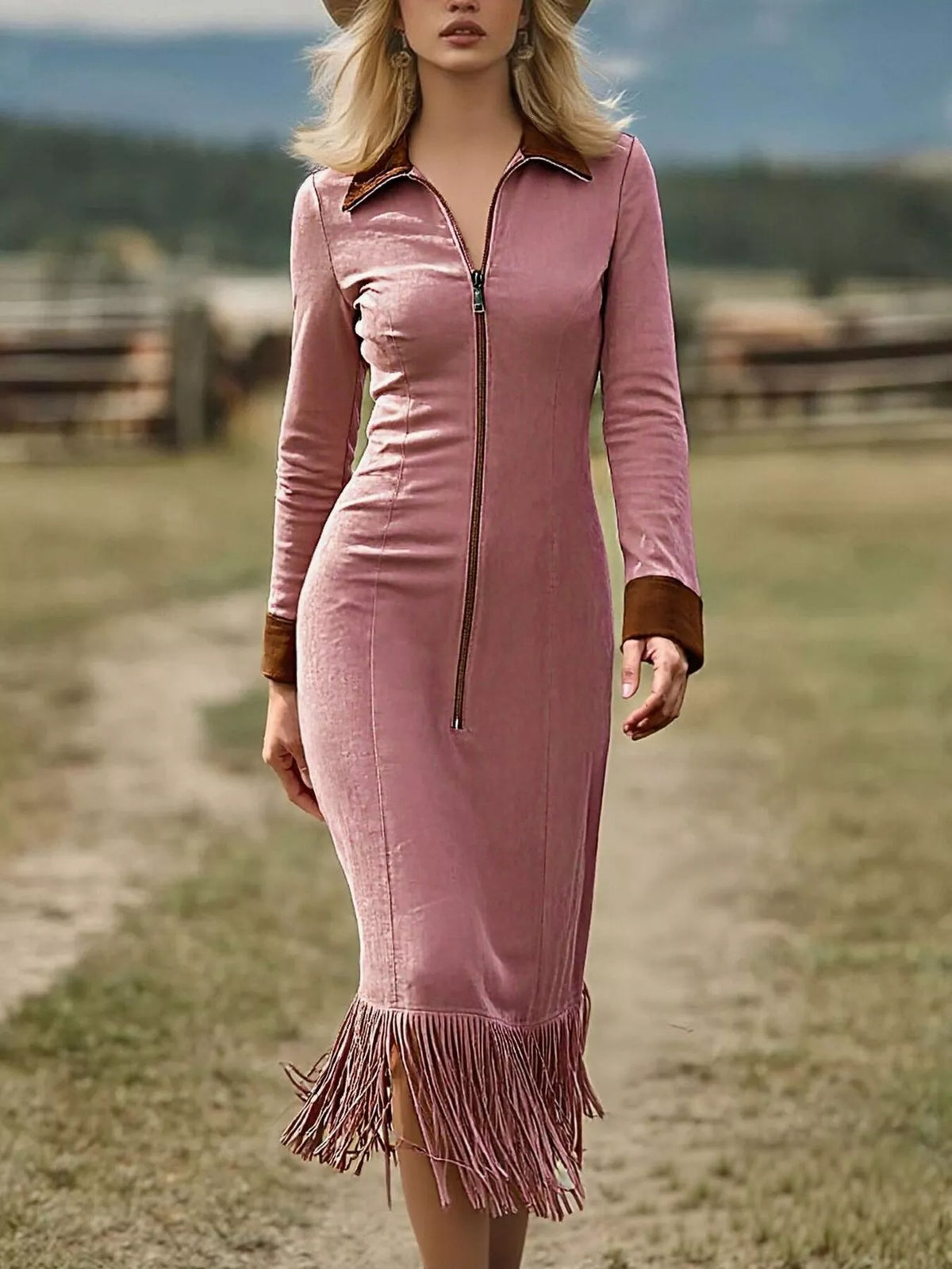 Full Size Fringe Hem Zip Front Midi Dress Plus Size - Dusty Pink - View 1