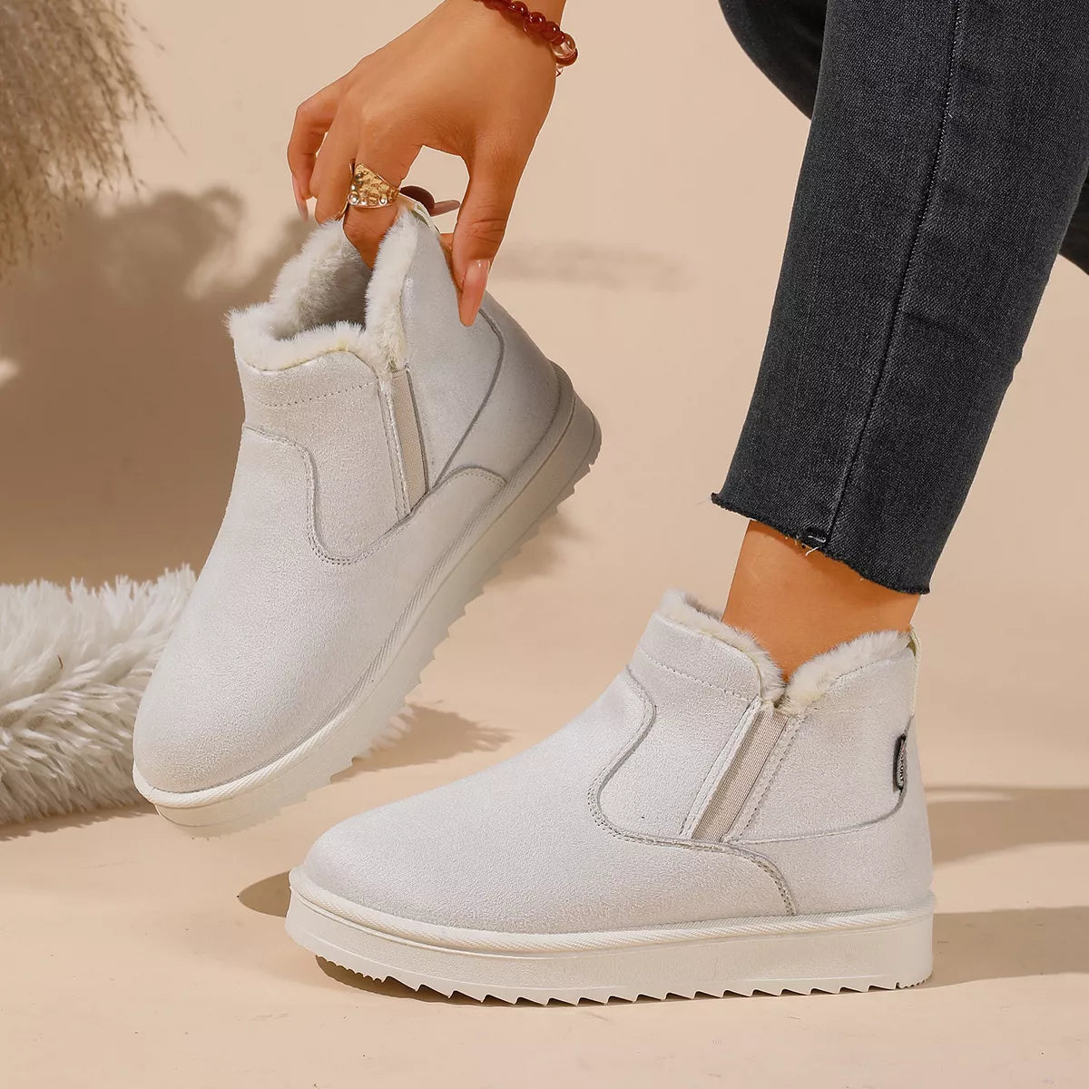 Plush Lined Winter Ankle Boots - White - View 2