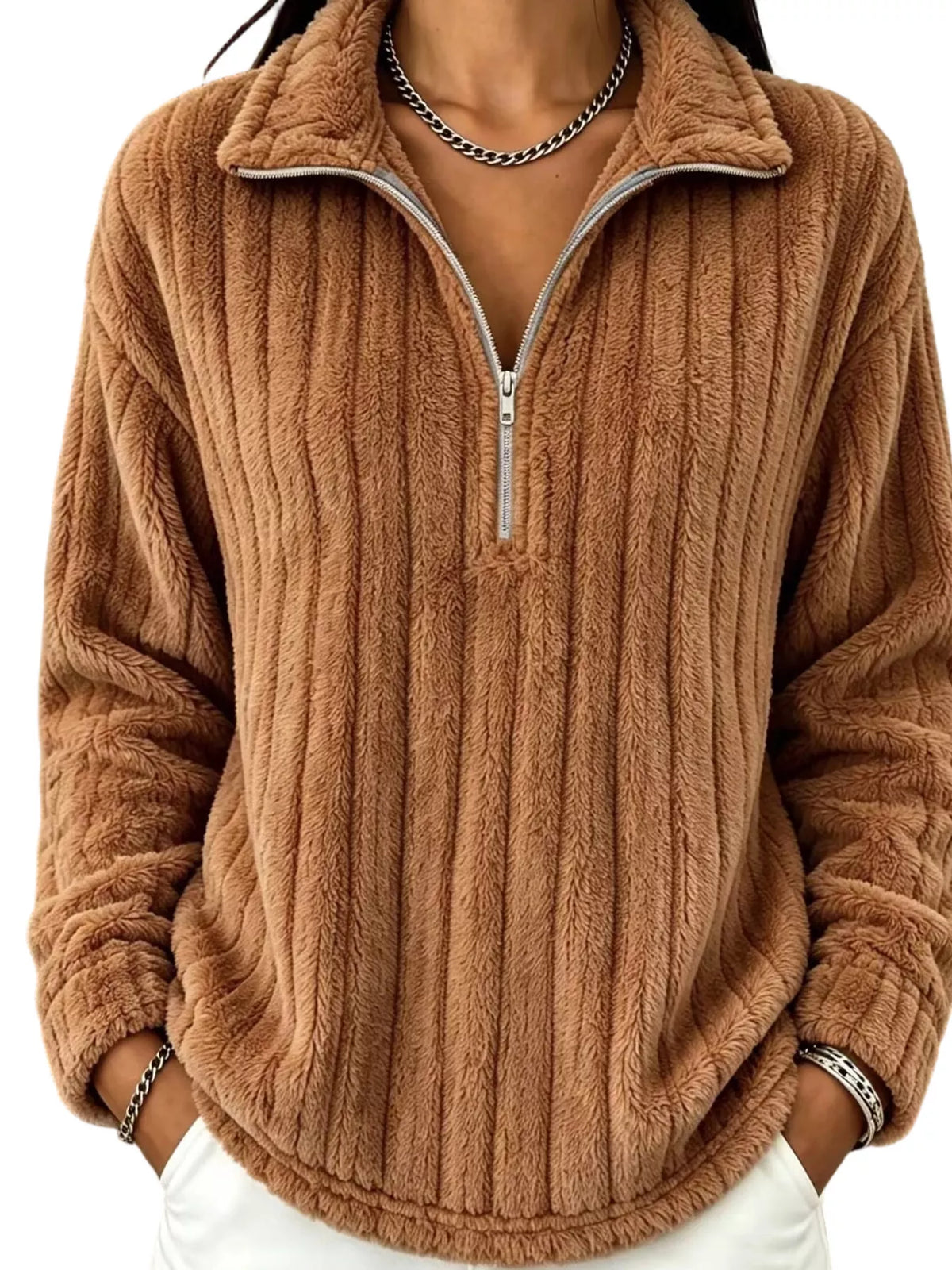 Quarter-Zip Dropped Shoulder Sweatshirt - Caramel - View 1