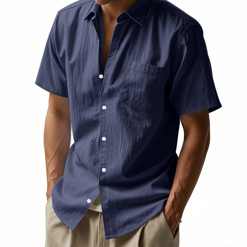 Cotton Linen Short Sleeve Shirt for Men Turn-down Collar Casual PocketDress Shirt, Summer