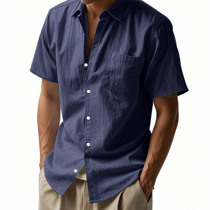 Cotton Linen Short Sleeve Shirt for Men Turn-down Collar Casual PocketDress Shirt, Summer