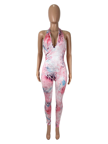 Leopard print hollowed out tight fitting hip hugging jumpsuit