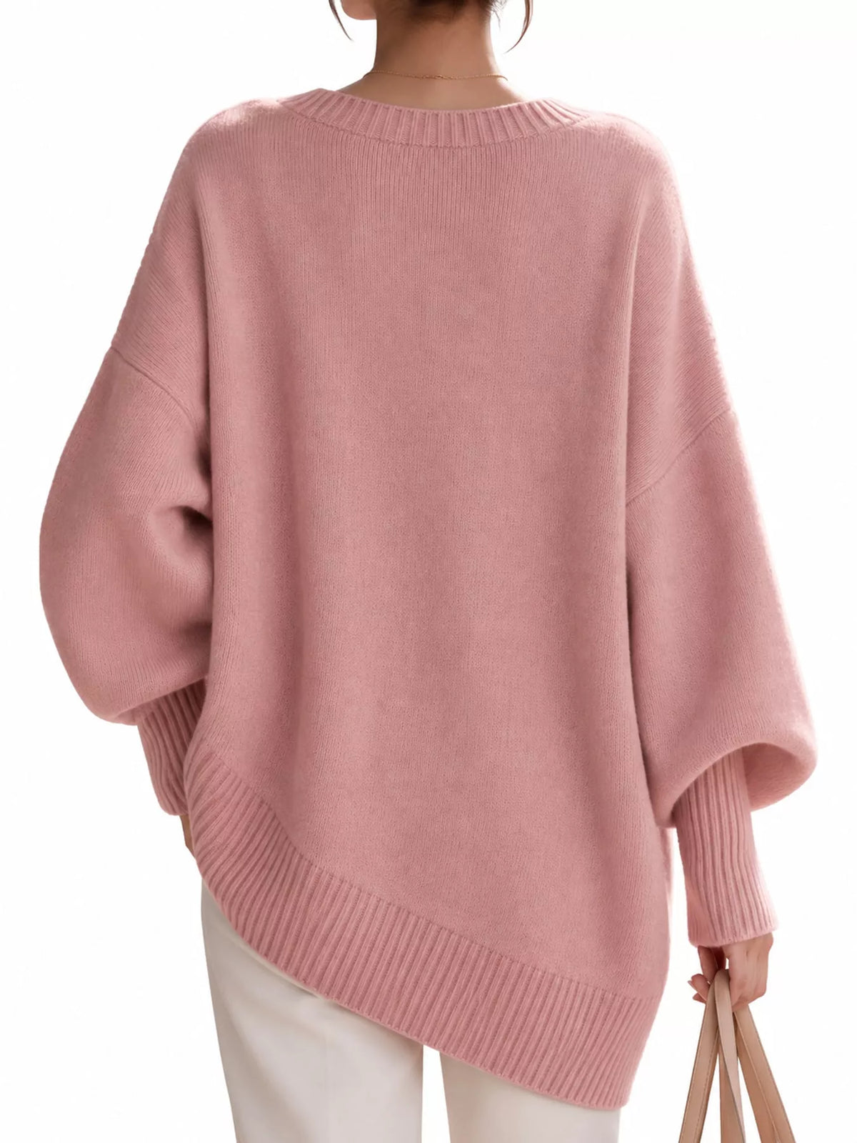 Full Size V-Neck Oversized Batwing Sleeve Sweater Plus Size - Pink - View 32