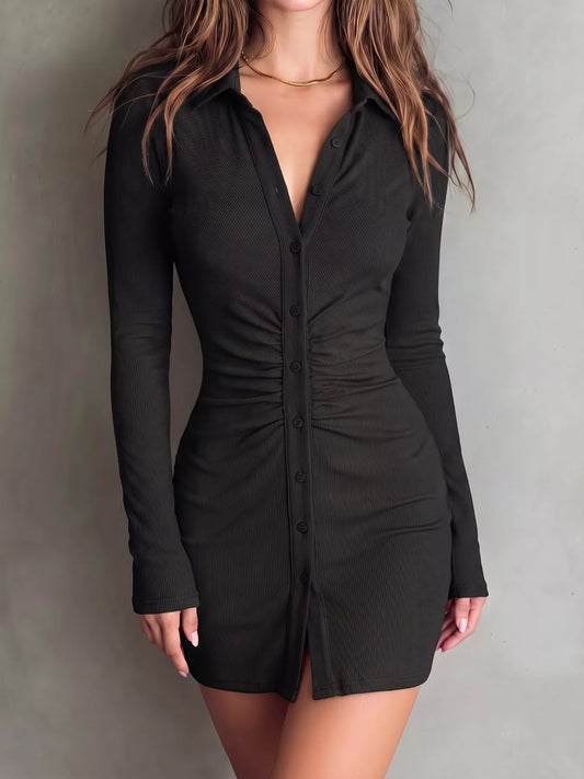 Button-Down Bodycon Mini Dress - Black - View 2