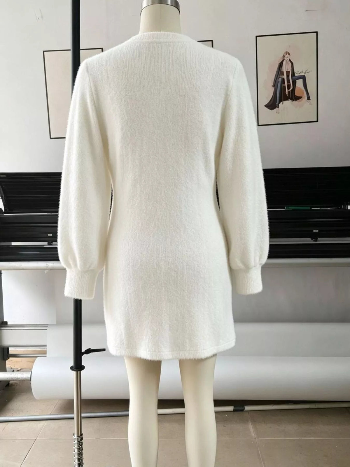 Fuzzy V-Neck Long Sleeve Sweater Dress - White - View 8