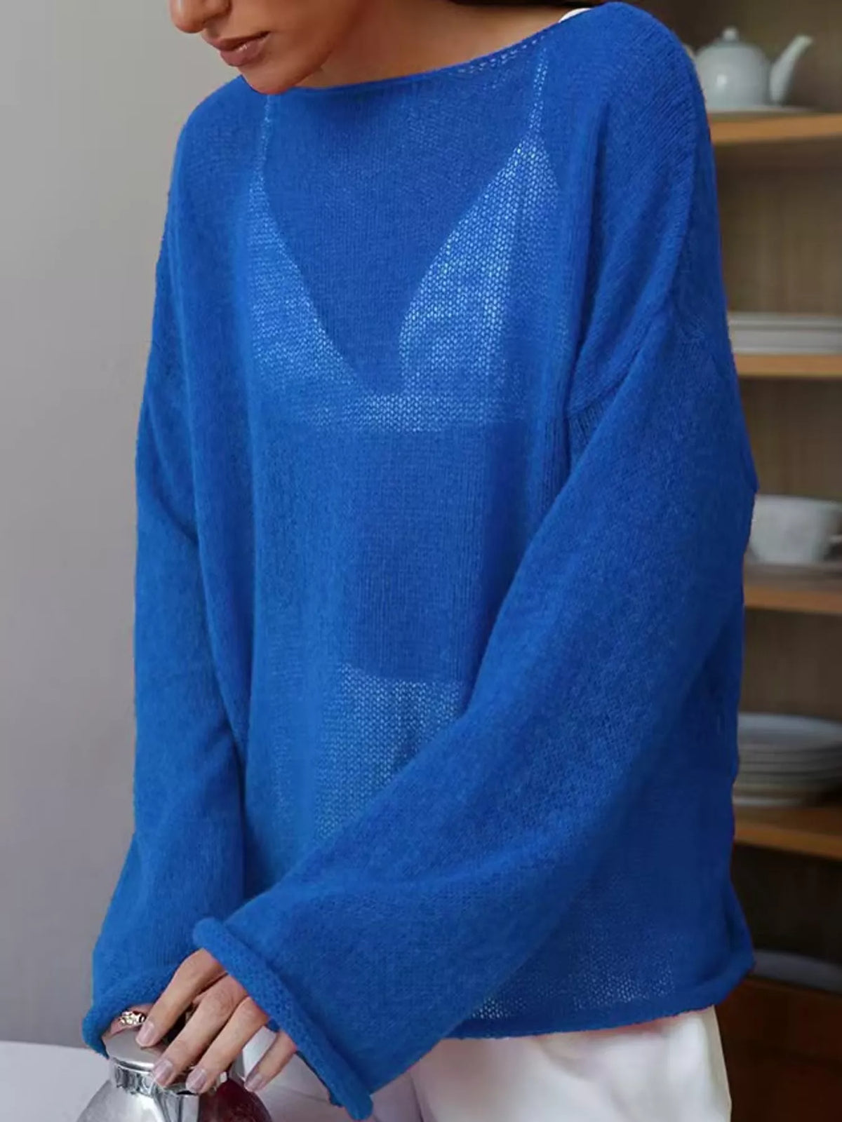Full Size Sheer Lightweight Knit Top Plus Size - Royal Blue - View 40