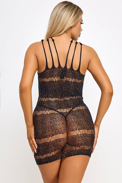 Ella Mini Dress in black, detail of rhinestone geo pattern
