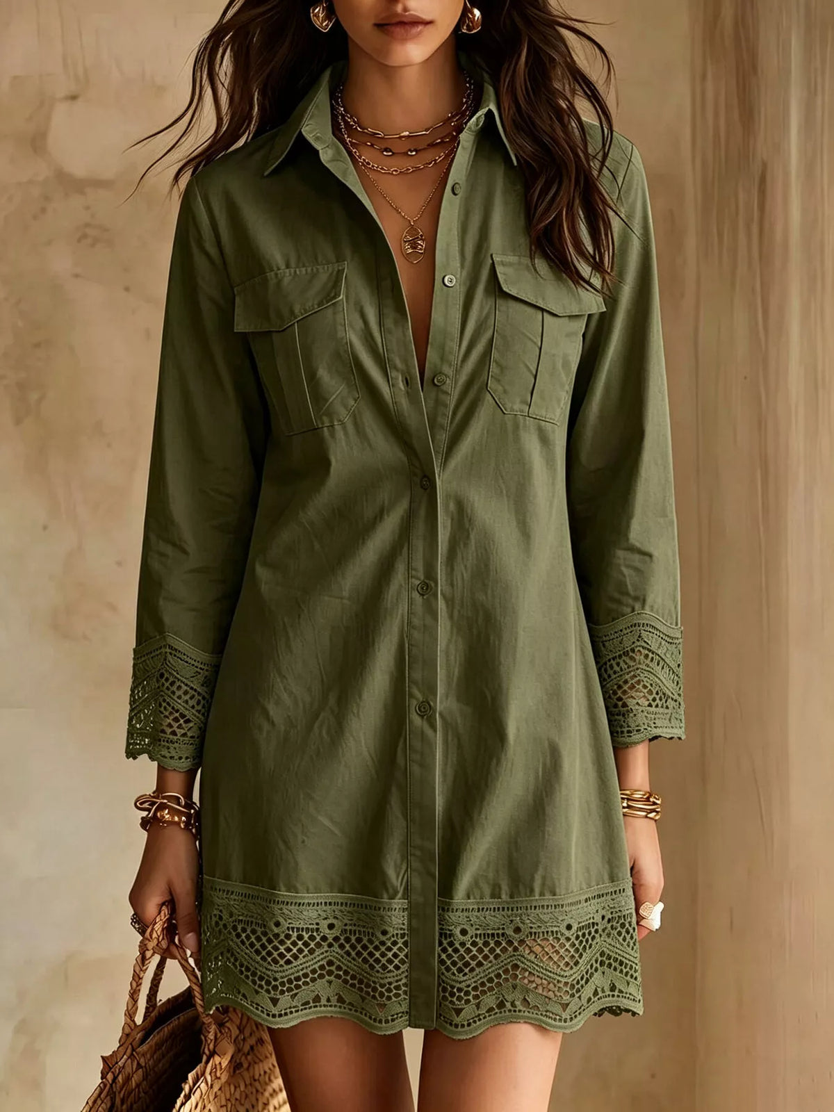 Button-Down Shirt Dress with Lace Trim - Army Green - View 1